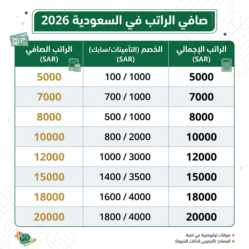 جدول صافي الرواتب في السعودية 2026 - مقارنة شاملة